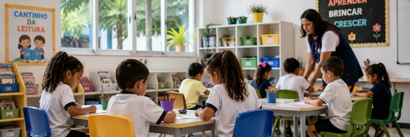Crianças em atividade de Educação Infantil com acompanhamento de professora