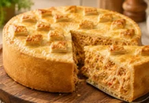 Massa de empadão que derrete na boca com recheio cremoso de frango Massa de empadão dourada com recheio cremoso de frango e uma fatia servida