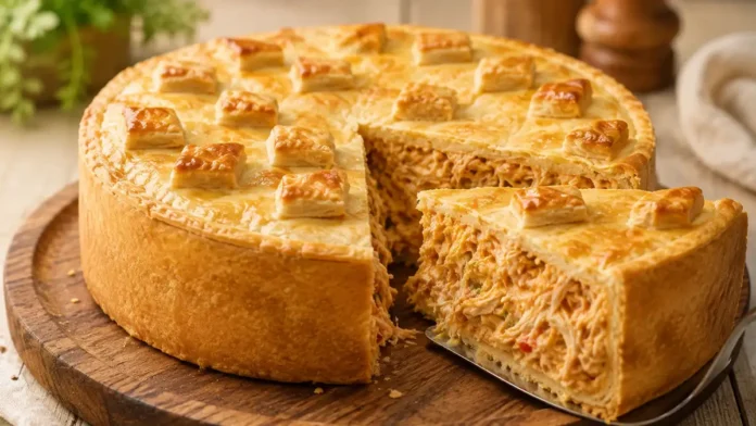 Massa de empadão dourada com recheio cremoso de frango e uma fatia servida