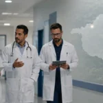 Rondônia recebe mais 15 médicos especialistas para quatro municípios Médicos especialistas em Rondônia em ambiente hospitalar com mapa do estado