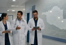 Rondônia recebe mais 15 médicos especialistas para quatro municípios Médicos especialistas em Rondônia em ambiente hospitalar com mapa do estado