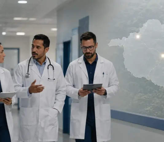 Rondônia recebe mais 15 médicos especialistas para quatro municípios Médicos especialistas em Rondônia em ambiente hospitalar com mapa do estado