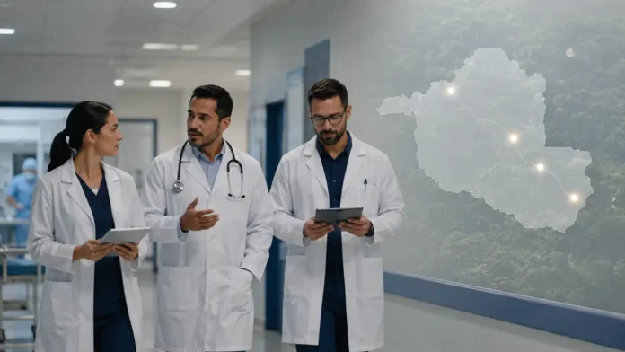 Médicos especialistas em Rondônia em ambiente hospitalar com mapa do estado