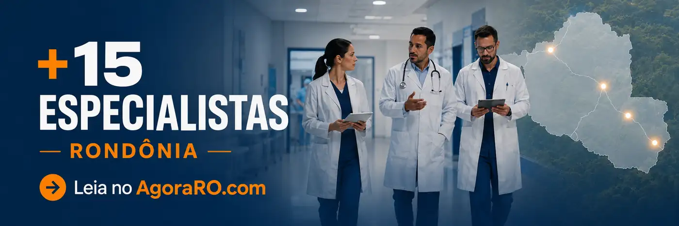 Faixa sobre médicos especialistas em Rondônia com equipe clínica e mapa do estado