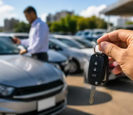 Move Brasil eleva para R$ 200 mil teto de carros para motoristas de app Chave de carro em primeiro plano diante de veículos à venda em imagem ilustrativa sobre o Move Brasil