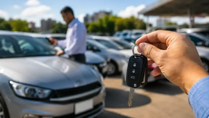 Chave de carro em primeiro plano diante de veículos à venda em imagem ilustrativa sobre o Move Brasil