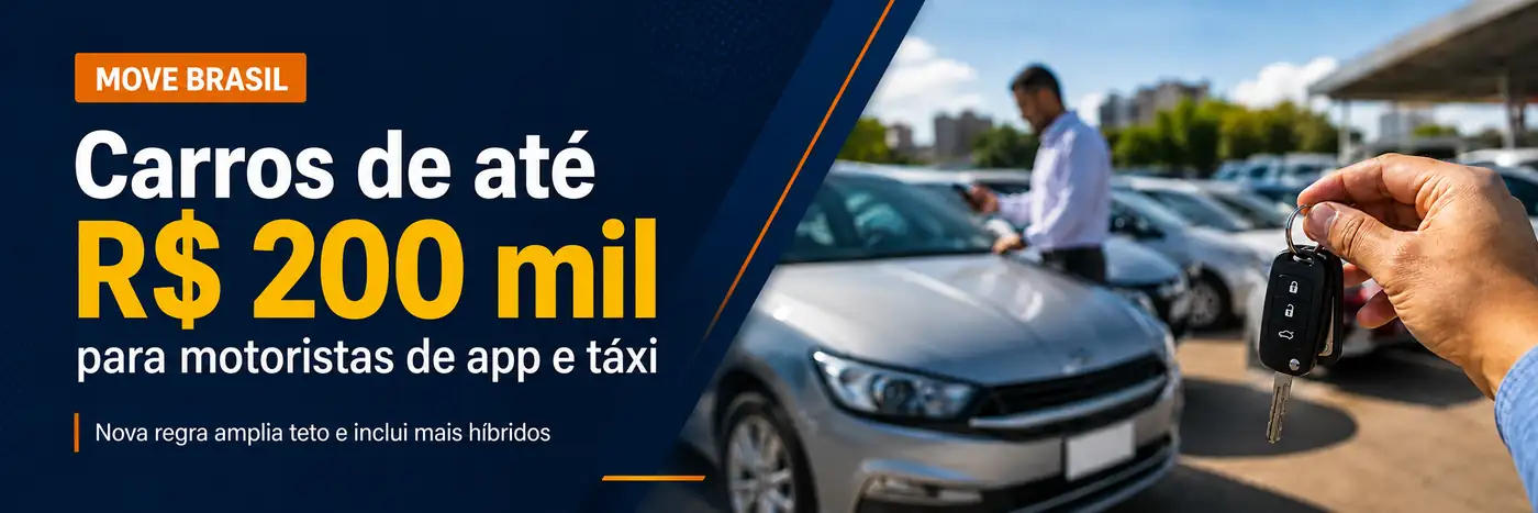 Faixa editorial mostra carros e chave de veículo em matéria sobre o Move Brasil para motoristas de aplicativo e taxistas