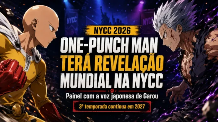 One-Punch Man na NYCC com Saitama, Garou e personagens do anime em composição editorial