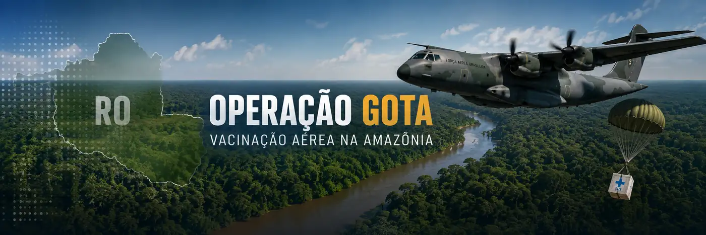 Operação Gota e vacinação aérea na Amazônia Faixa interna da Operação Gota com aeronave, floresta amazônica e logística de vacinação