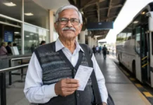 Passagem com 50% de desconto: Justiça derruba limite para idosos Pessoa idosa em terminal rodoviário com bilhete na mão antes de viagem interestadual