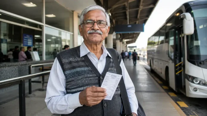Pessoa idosa em terminal rodoviário com bilhete na mão antes de viagem interestadual