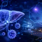 Johns Hopkins lidera pesquisa por cura da hepatite B; Porto Velho tem maior taxa entre capitais Pesquisa por cura da hepatite B representada por fígado, partículas do HBV e mapa de Rondônia com Porto Velho
