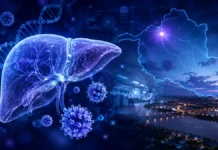 Johns Hopkins lidera pesquisa por cura da hepatite B; Porto Velho tem maior taxa entre capitais Pesquisa por cura da hepatite B representada por fígado, partículas do HBV e mapa de Rondônia com Porto Velho