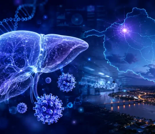 Johns Hopkins lidera pesquisa por cura da hepatite B; Porto Velho tem maior taxa entre capitais Pesquisa por cura da hepatite B representada por fígado, partículas do HBV e mapa de Rondônia com Porto Velho