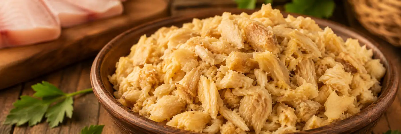 Pirarucu dessalgado e escorrido em lascas curtas para preparar o bolinho