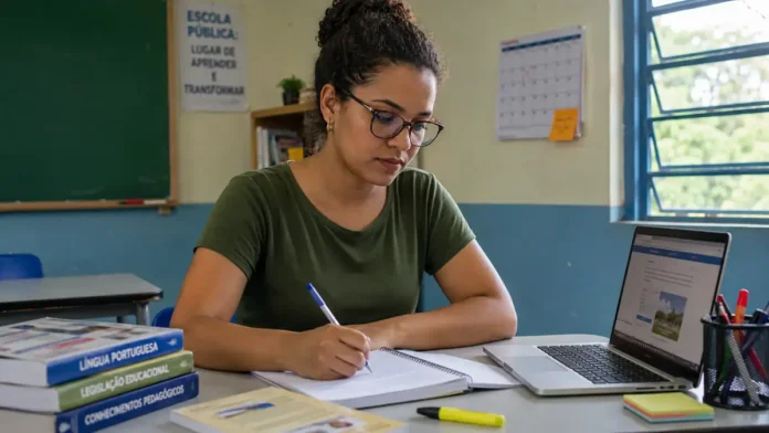 Professora estuda em sala de aula para a PND 2026, cujo cartão será liberado em 9 de setembro