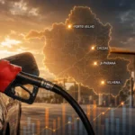 Gasolina vai de R$ 7,09 a R$ 7,47 nas cidades pesquisadas em Rondônia Abastecimento de veículo com mapa de Rondônia destacando Porto Velho, Cacoal, Ji-Paraná e Vilhena
