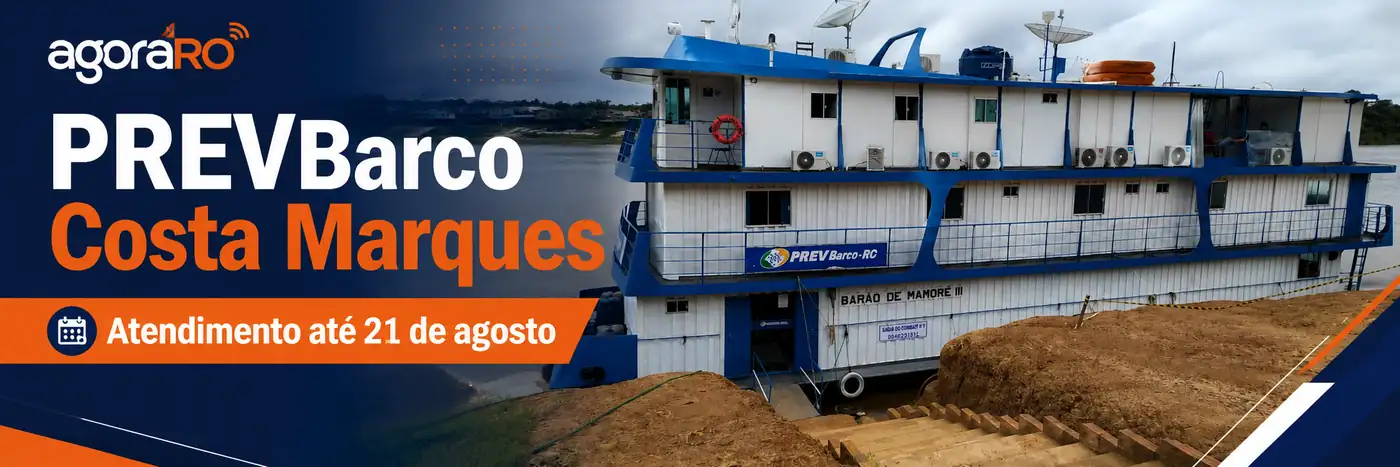 PREVBarco Costa Marques em faixa interna sobre atendimento do INSS até 21 de agosto