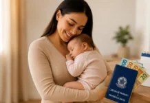 Salário-maternidade em 2026: veja quem tem direito e quanto pode receber Mãe com bebê em ambiente doméstico em imagem editorial sobre salário-maternidade em 2026