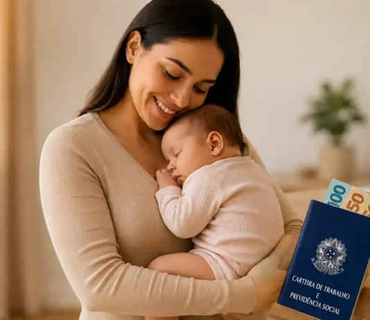 Salário-maternidade em 2026: veja quem tem direito e quanto pode receber Mãe com bebê em ambiente doméstico em imagem editorial sobre salário-maternidade em 2026