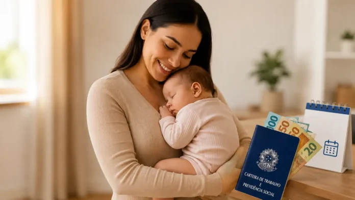 Salário-maternidade em 2026 Mãe com bebê em ambiente doméstico em imagem editorial sobre salário-maternidade em 2026