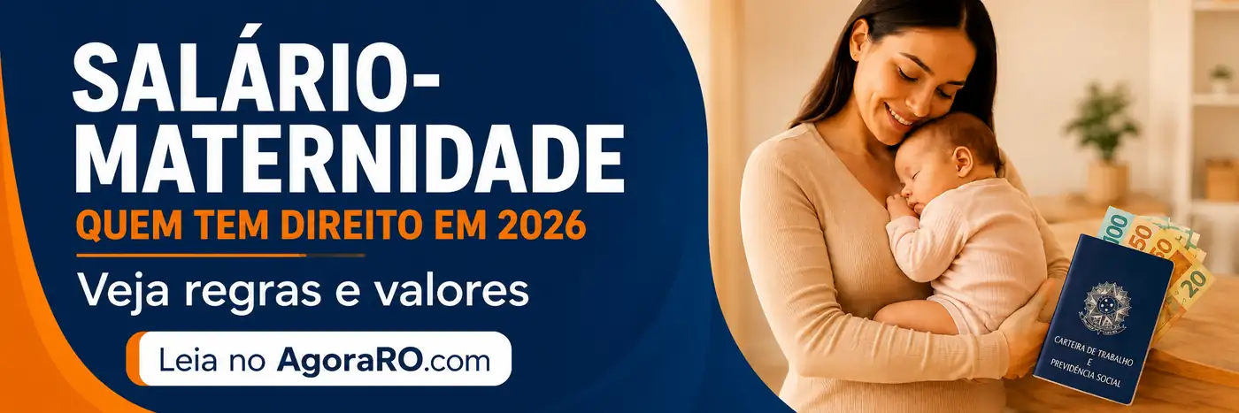 Salário-maternidade 2026: regras e valores Faixa editorial sobre salário-maternidade 2026 com mãe e bebê e chamada sobre regras e valores