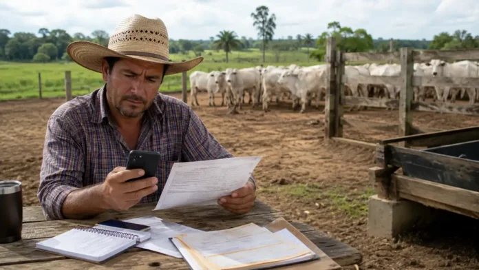 Produtor rural consulta informações em celular durante planejamento de operações no campo