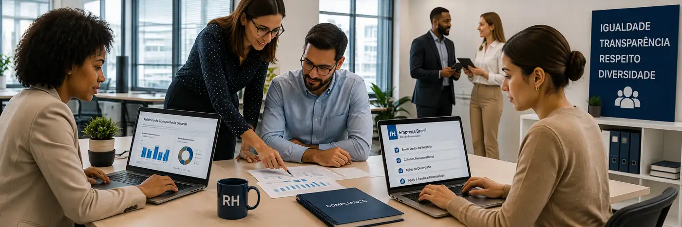 Transparência salarial em equipe de RH com computadores e relatórios de compliance