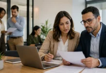 Empresas de Rondônia com 100 ou mais empregados têm até segunda para atualizar dados salariais Profissionais de RH analisam documentos e computador em ambiente empresarial sobre transparência salarial