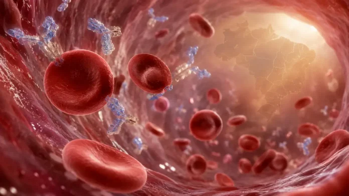 Brasil aprova nova indicação para anemia hemolítica autoimune Tratamento para anemia hemolítica autoimune ilustrado por hemácias, anticorpos e mapa do Brasil