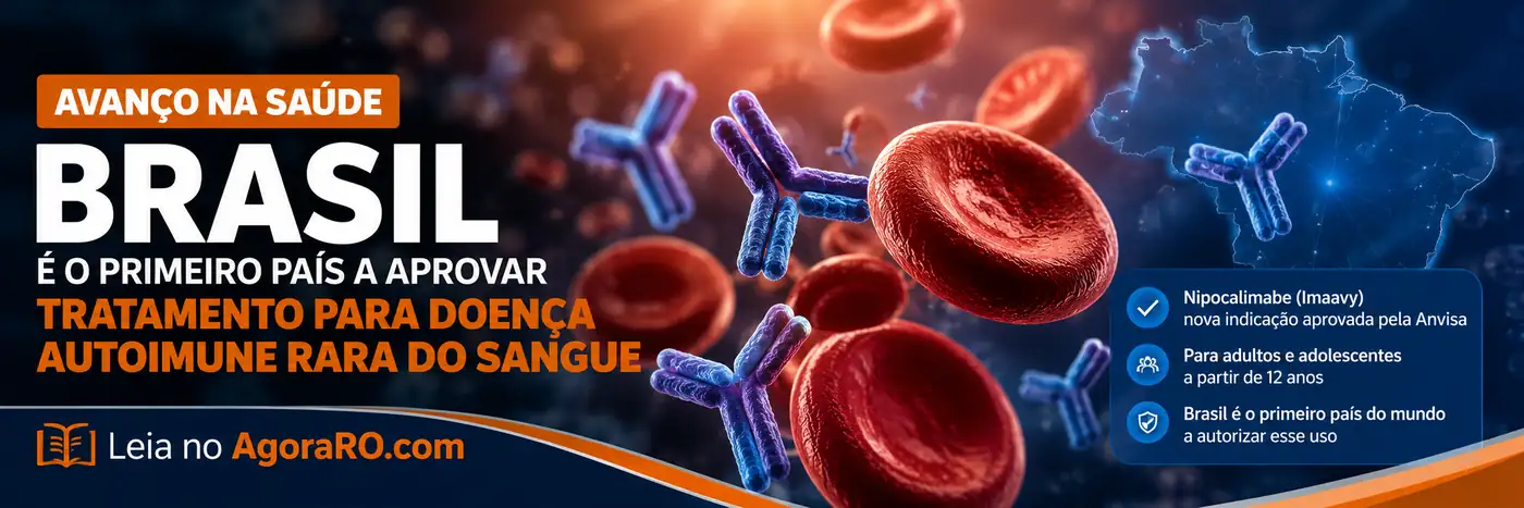 Faixa sobre tratamento para anemia hemolítica autoimune com hemácias, anticorpos e mapa do Brasil