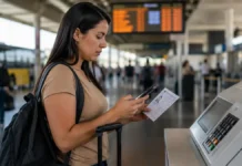 Voto em trânsito 2026: prazo termina quinta-feira; veja como pedir em Rondônia Eleitora em terminal de viagem consulta celular e documento em imagem sobre voto em trânsito 2026