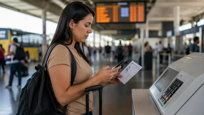 Eleitora em terminal de viagem consulta celular e documento em imagem sobre voto em trânsito 2026