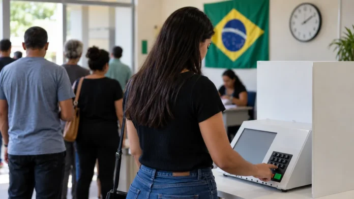 Horário de votação em Rondônia Eleitora usando urna eletrônica em seção de votação no estado de Rondônia