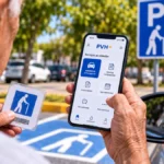 Como pedir a credencial de estacionamento para idosos pelo PVH+ Pessoa idosa usa celular com o aplicativo PVH+ ao lado de vaga reservada de estacionamento em Porto Velho