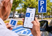 Como pedir a credencial de estacionamento para idosos pelo PVH+ Pessoa idosa usa celular com o aplicativo PVH+ ao lado de vaga reservada de estacionamento em Porto Velho