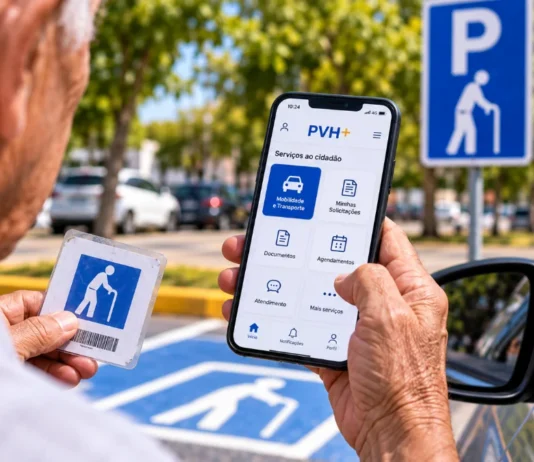 Como pedir a credencial de estacionamento para idosos pelo PVH+ Pessoa idosa usa celular com o aplicativo PVH+ ao lado de vaga reservada de estacionamento em Porto Velho