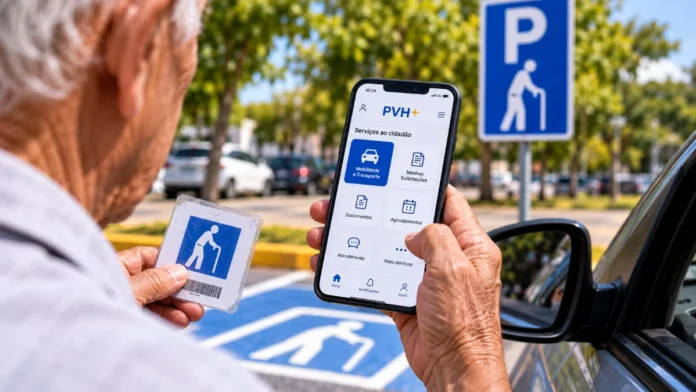 Pessoa idosa usa celular com o aplicativo PVH+ ao lado de vaga reservada de estacionamento em Porto Velho
