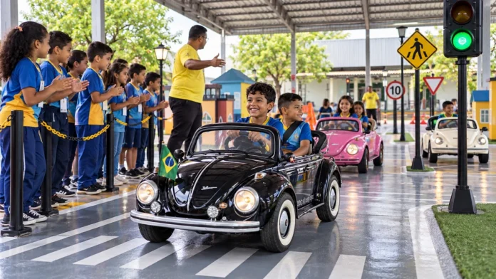 Agente Mirim no Trânsito: ilustração de minicidade educativa com crianças e minicarros; não é registro fotográfico do evento