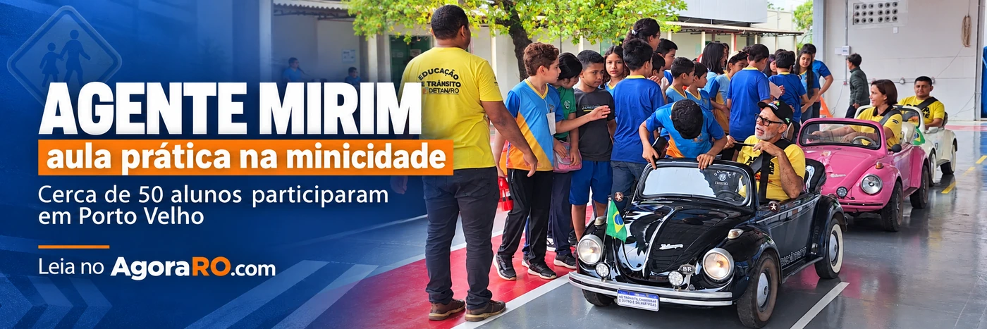 Agente Mirim no Trânsito: ilustração de estudantes e minicarros em minicidade educativa; não é fotografia documental da atividade