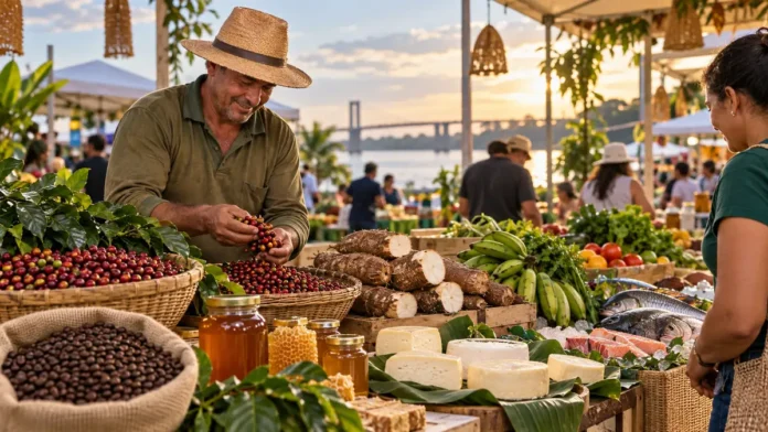 Produtos da agricultura familiar em composição editorial sobre o Festival das Nações em Porto Velho
