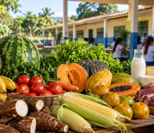 Nova Brasilândia terá sessão de R$ 587 mil para comprar alimentos da agricultura familiar Composição editorial sobre agricultores familiares e alimentos para a merenda escolar em Nova Brasilândia.
