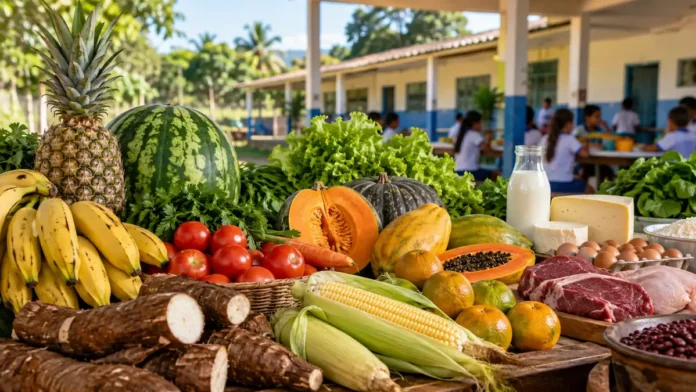 Composição editorial sobre agricultores familiares e alimentos para a merenda escolar em Nova Brasilândia.