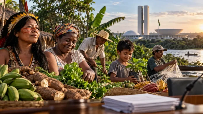 Projeto sobre povos tradicionais na agricultura familiar Capa editorial sobre agricultura familiar tradicional e povos indígenas, quilombolas e comunidades tradicionais