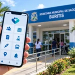 Buritis libera aplicativo para consultar fila da Regulação, exames e transporte da saúde Composição editorial ilustrativa sobre aplicativo de saúde em Buritis, com smartphone e ambiente de saúde pública.