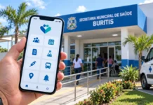 Buritis libera aplicativo para consultar fila da Regulação, exames e transporte da saúde Composição editorial ilustrativa sobre aplicativo de saúde em Buritis, com smartphone e ambiente de saúde pública.