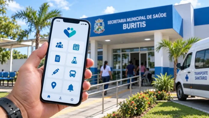 Composição editorial ilustrativa sobre aplicativo de saúde em Buritis, com smartphone e ambiente de saúde pública.