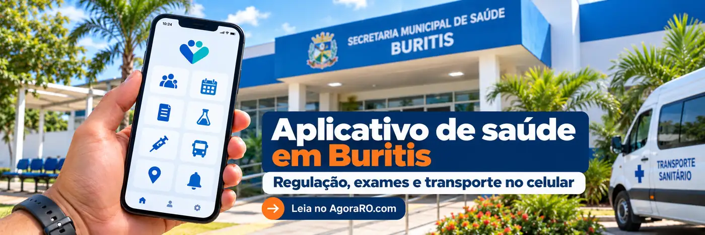 Faixa editorial sobre aplicativo de saúde em Buritis com Regulação, exames e Transporte Sanitário no celular.