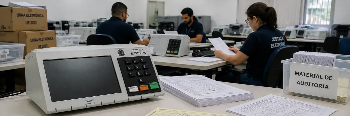 Urnas eletrônicas e material de auditoria eleitoral em ambiente técnico
