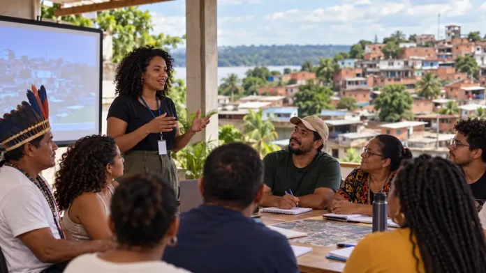 Organização comunitária em composição editorial sobre o BNDES Periferias Fortes e oportunidades para Rondônia